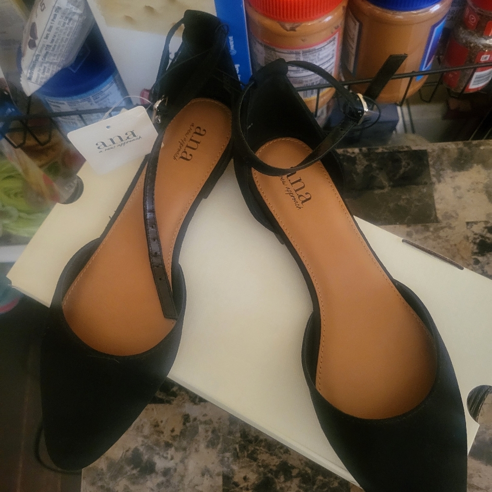 a.n.a Never Worn, Black Flats, With Ankle Strap.